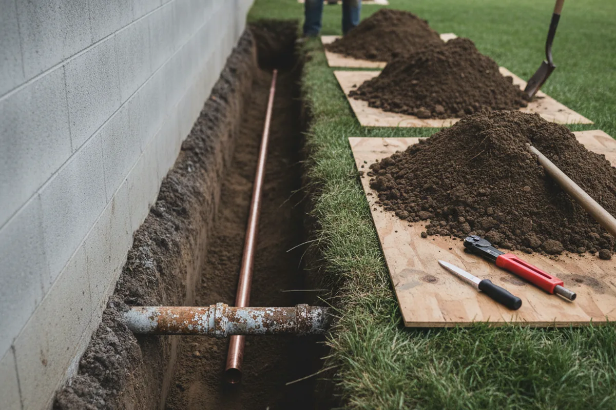 Excavated water line trench during Water Heater Repair in Sandwich